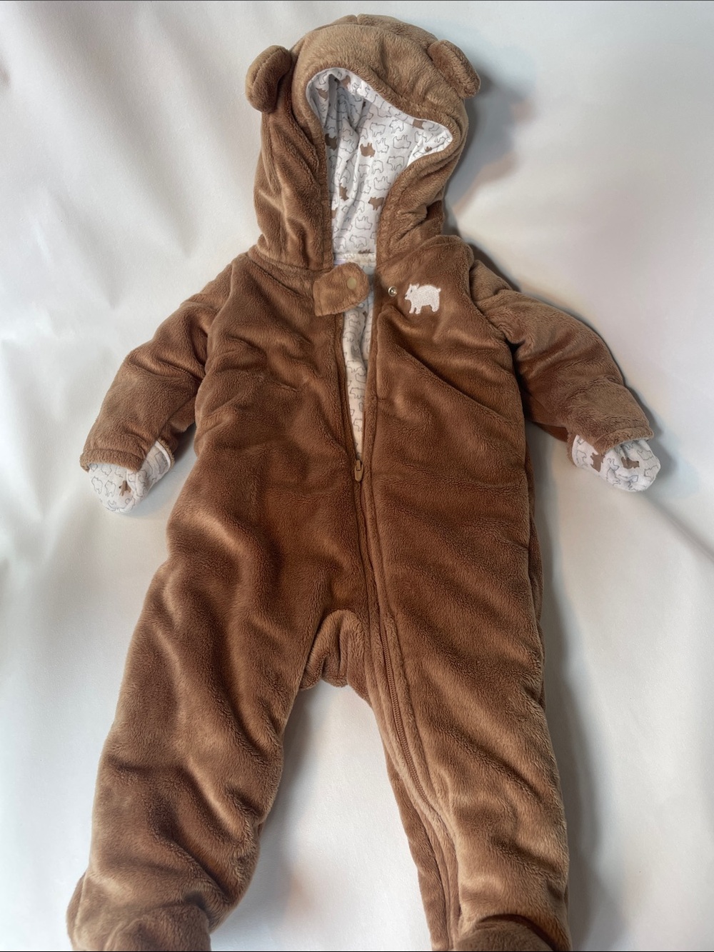 Simple Brown Plush Baby Footed One-Piece with Hood